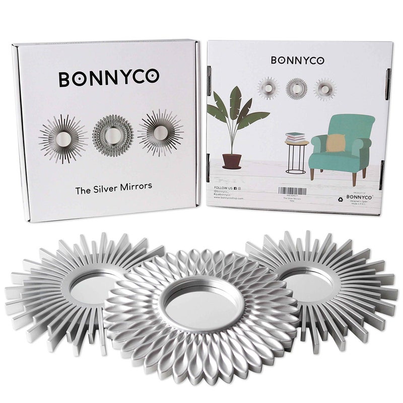 BONNYCO مجموعة من 3 مرايا دائرية فضية من بونيكو لتزيين المنزل، غرفة النوم والغرفة. مرايا زخرفية جدارية لغرفة المعيشة وغرفة النوم، ديكور جدار دائري بسيط وعتيق، أنيق. هدايا للنساء والأمهات. - Image 2